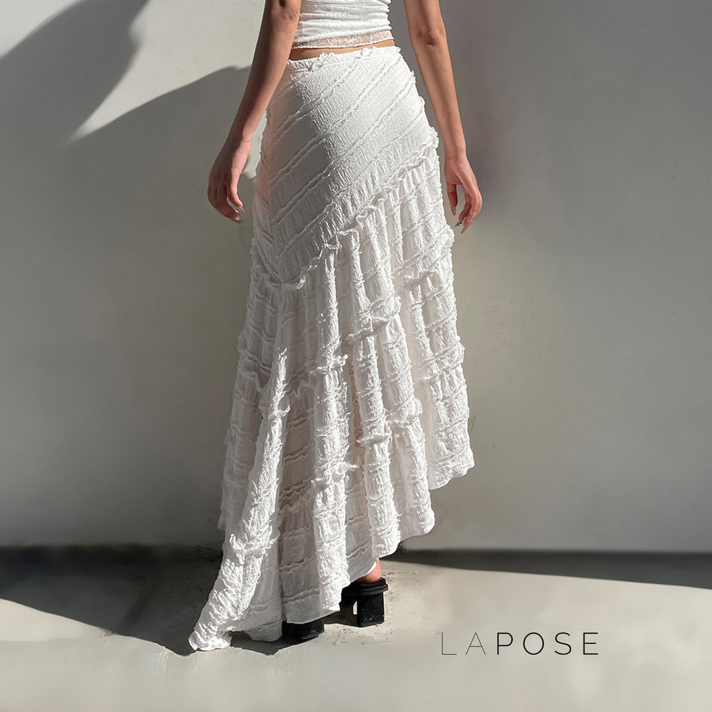 Bryn Ruffle Asymmetric Maxi Skirt [LCPG93KY]