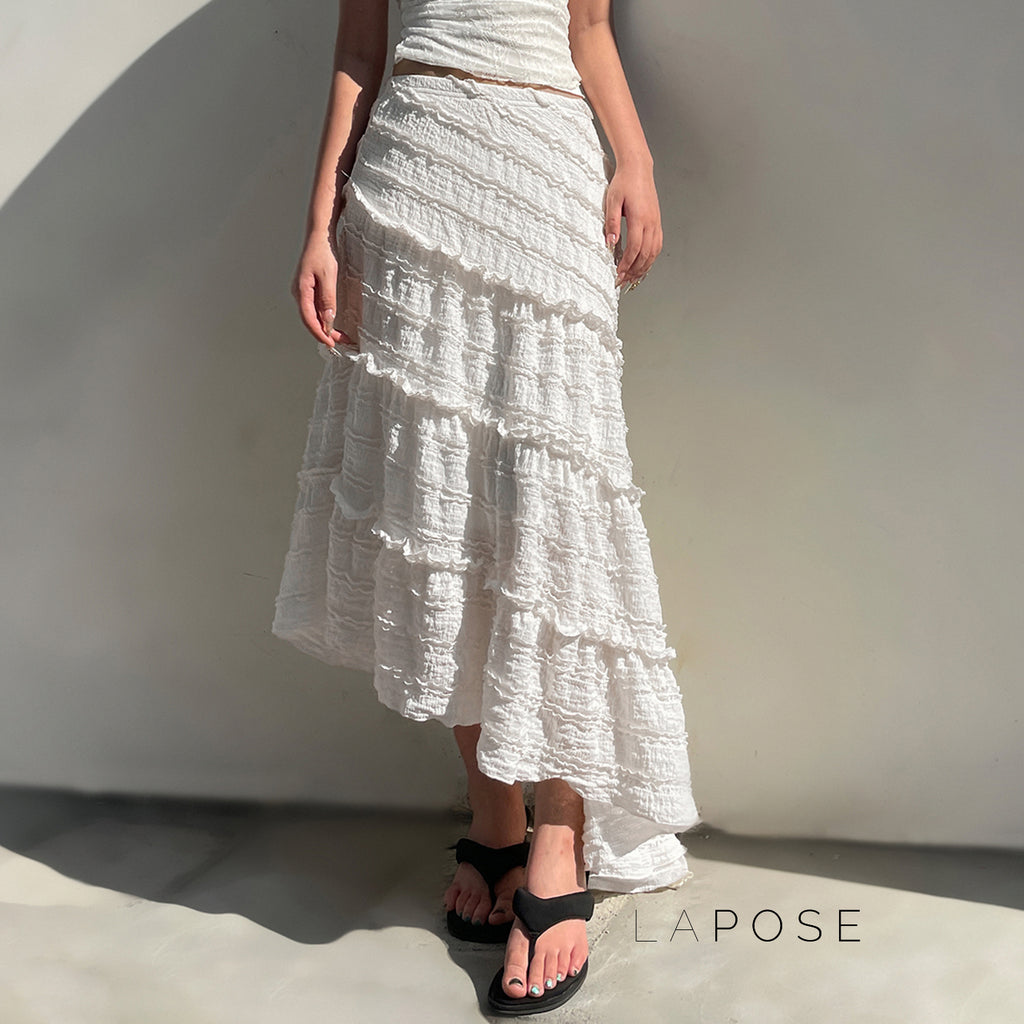 Bryn Ruffle Asymmetric Maxi Skirt [158THBF0]