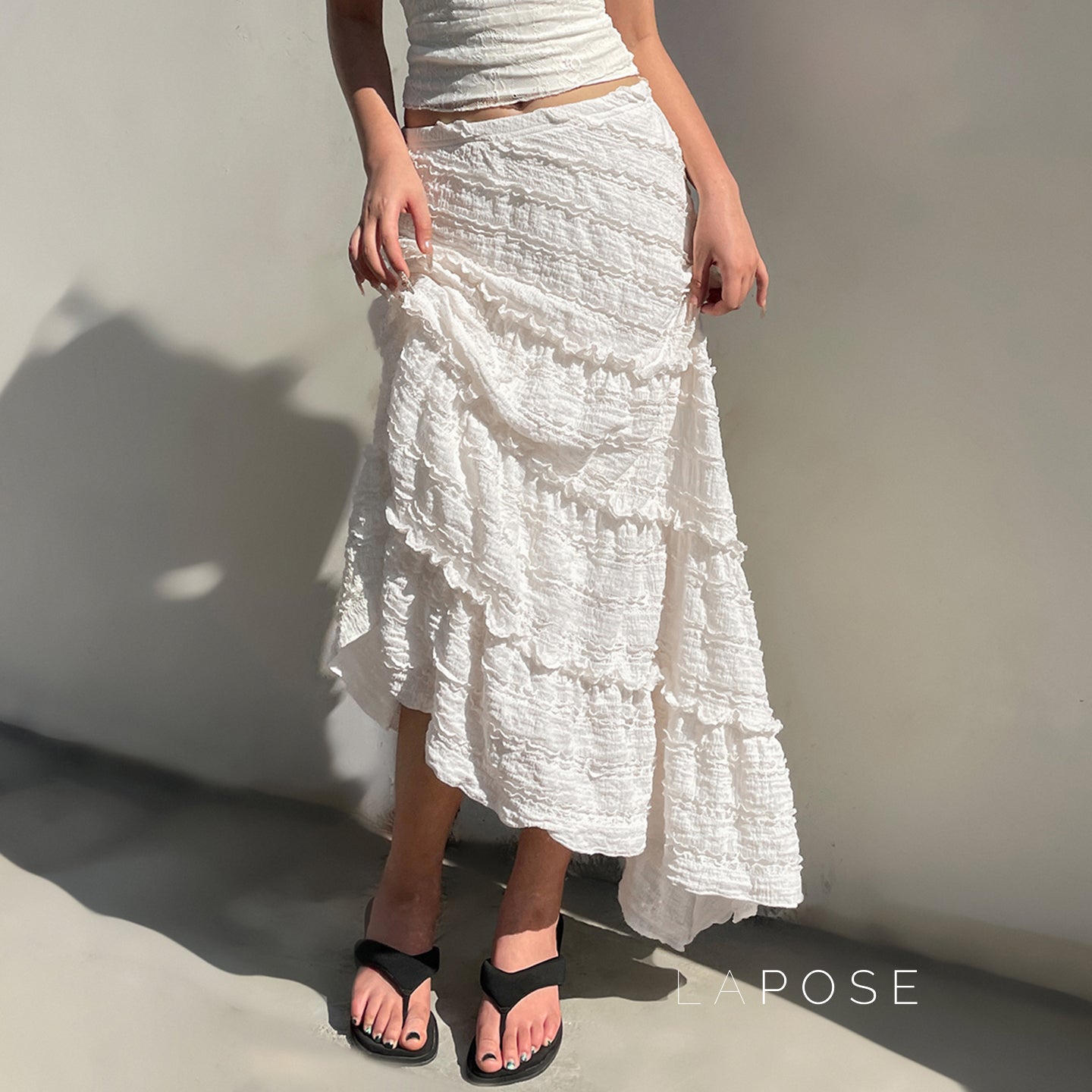 Bryn Ruffle Asymmetric Maxi Skirt [AGDSE2EV]