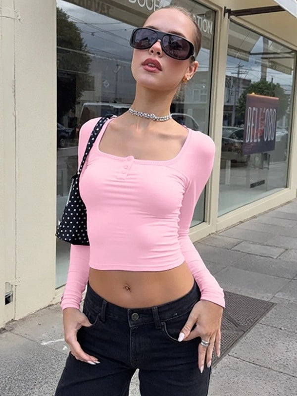 Button-Up Square Neck Long Sleeve Top [6FY9UHNS]
