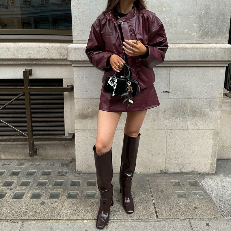 Caila Retro Faux Leather Skirt Set [6W3S1DMT]
