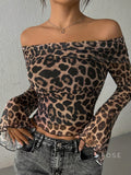 Cambree Leopard Mesh Off-Shoulder Top [2MOWH97F]