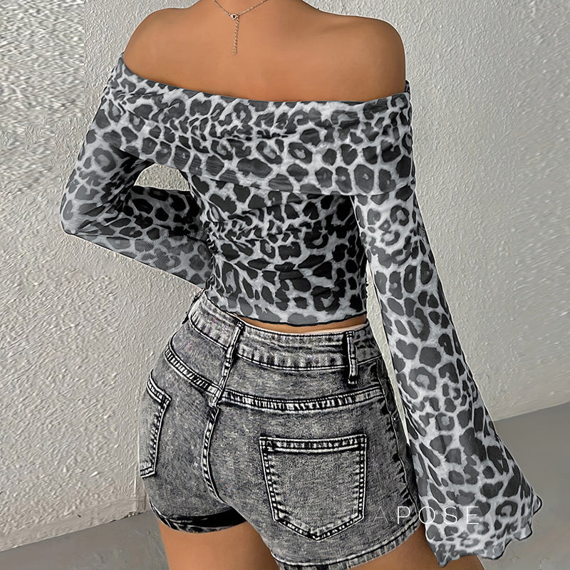 Cambree Leopard Mesh Off-Shoulder Top [6145RMNK]