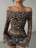 Cambree Leopard Mesh Off-Shoulder Top [289ZNGI2]