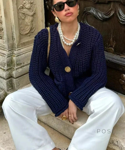 Candice Navy Knit Cardigan [SQAJWD7S]