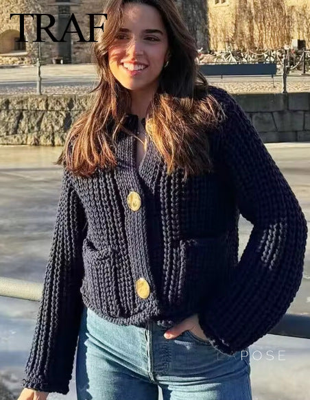Candice Navy Knit Cardigan [VNX1F0FL]