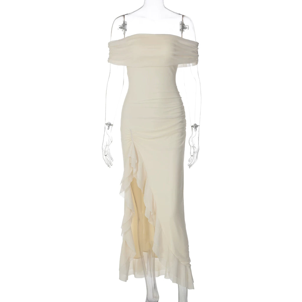 LaPose - Cari Ruffle Slit Maxi Dress - Apricot Color