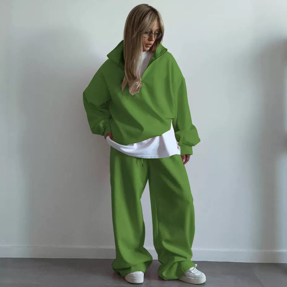 LaPose - Carissa Half-Zip Wide Leg Set - Green Color