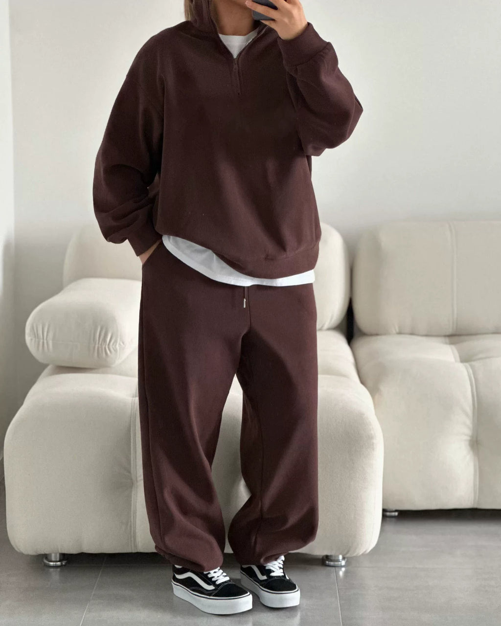 LaPose - Carissa Half-Zip Wide Leg Set - Coffee Color
