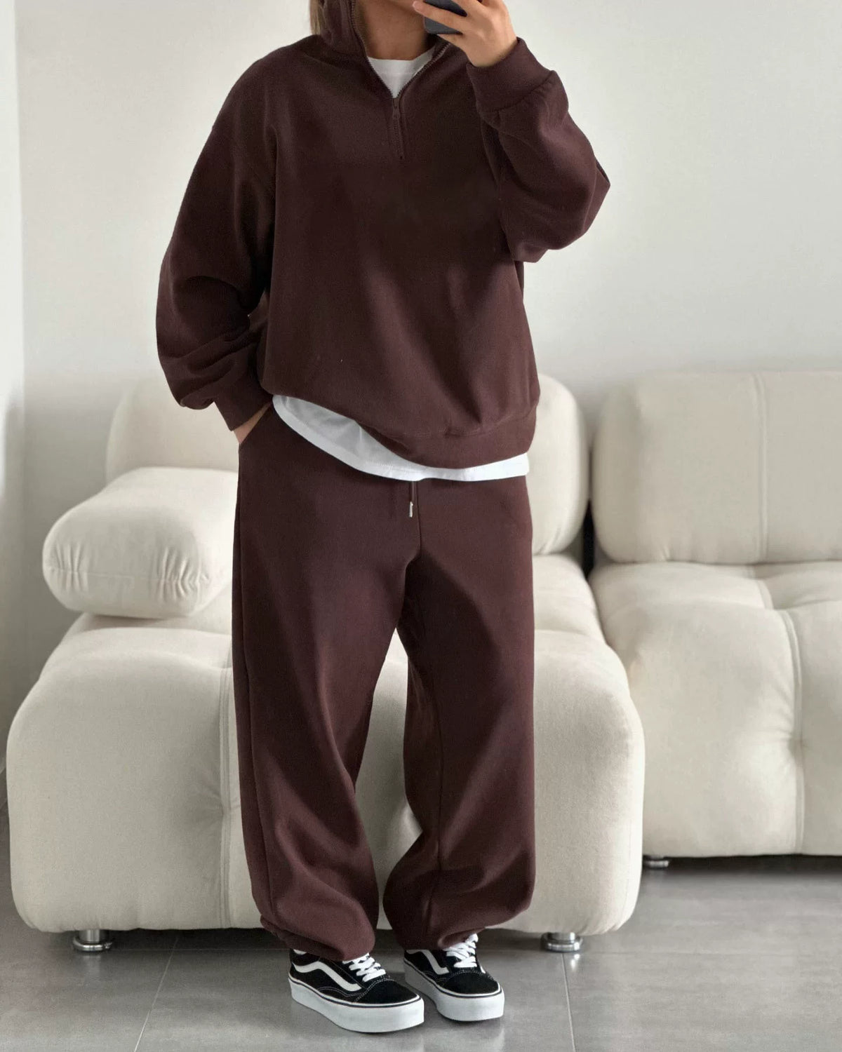 LaPose - Carissa Half-Zip Wide Leg Set - Coffee Color