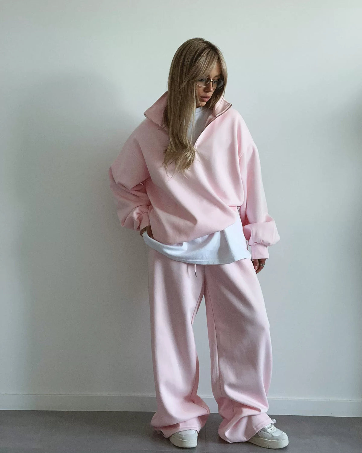 LaPose - Carissa Half-Zip Wide Leg Set - Pink Color