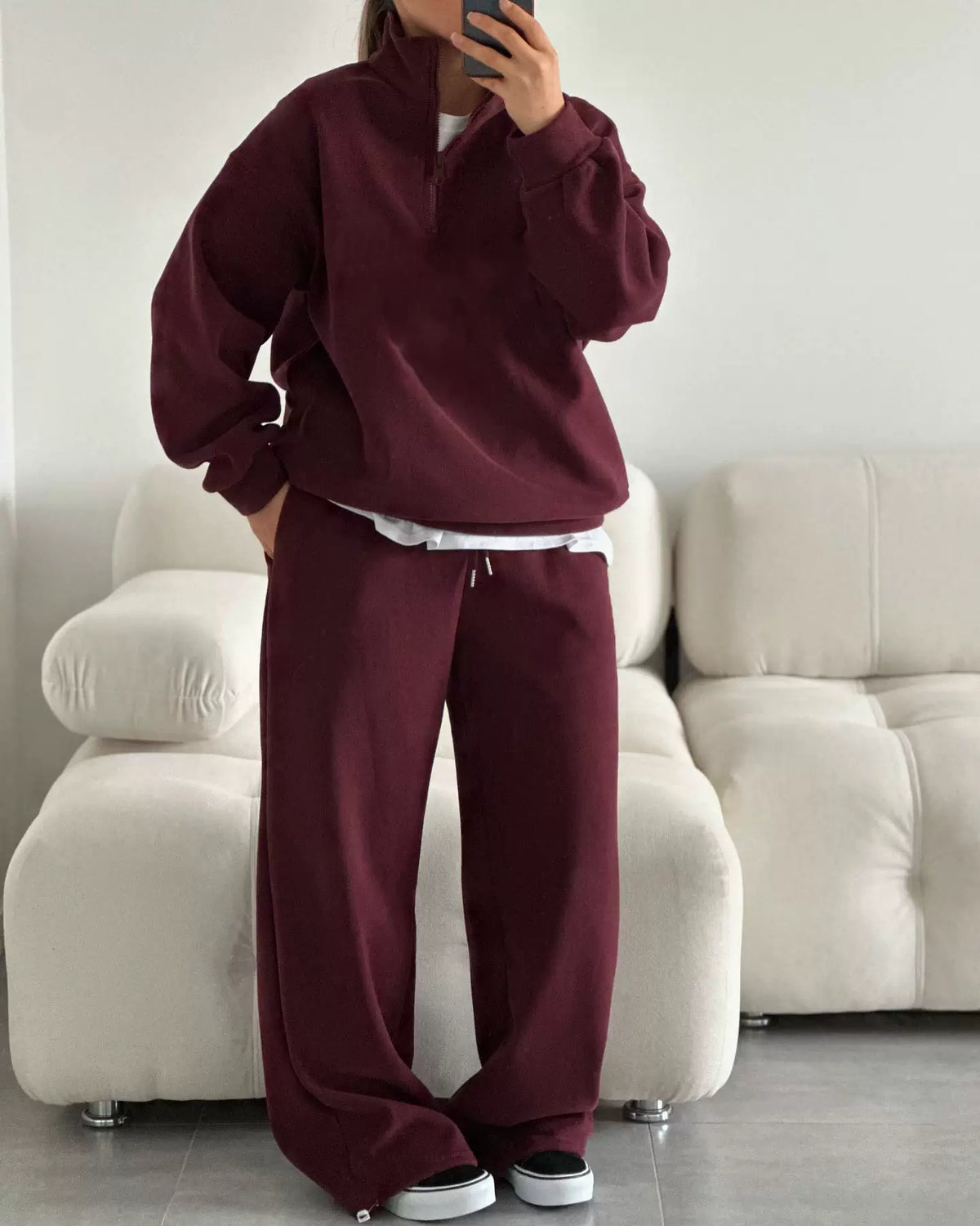 LaPose - Carissa Half-Zip Wide Leg Set - Wine Red Color