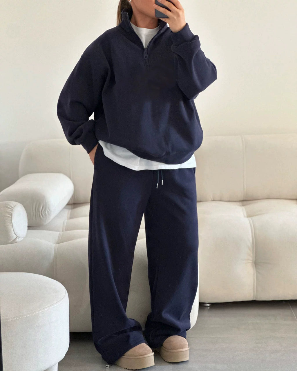 LaPose - Carissa Half-Zip Wide Leg Set - Navy Blue Color