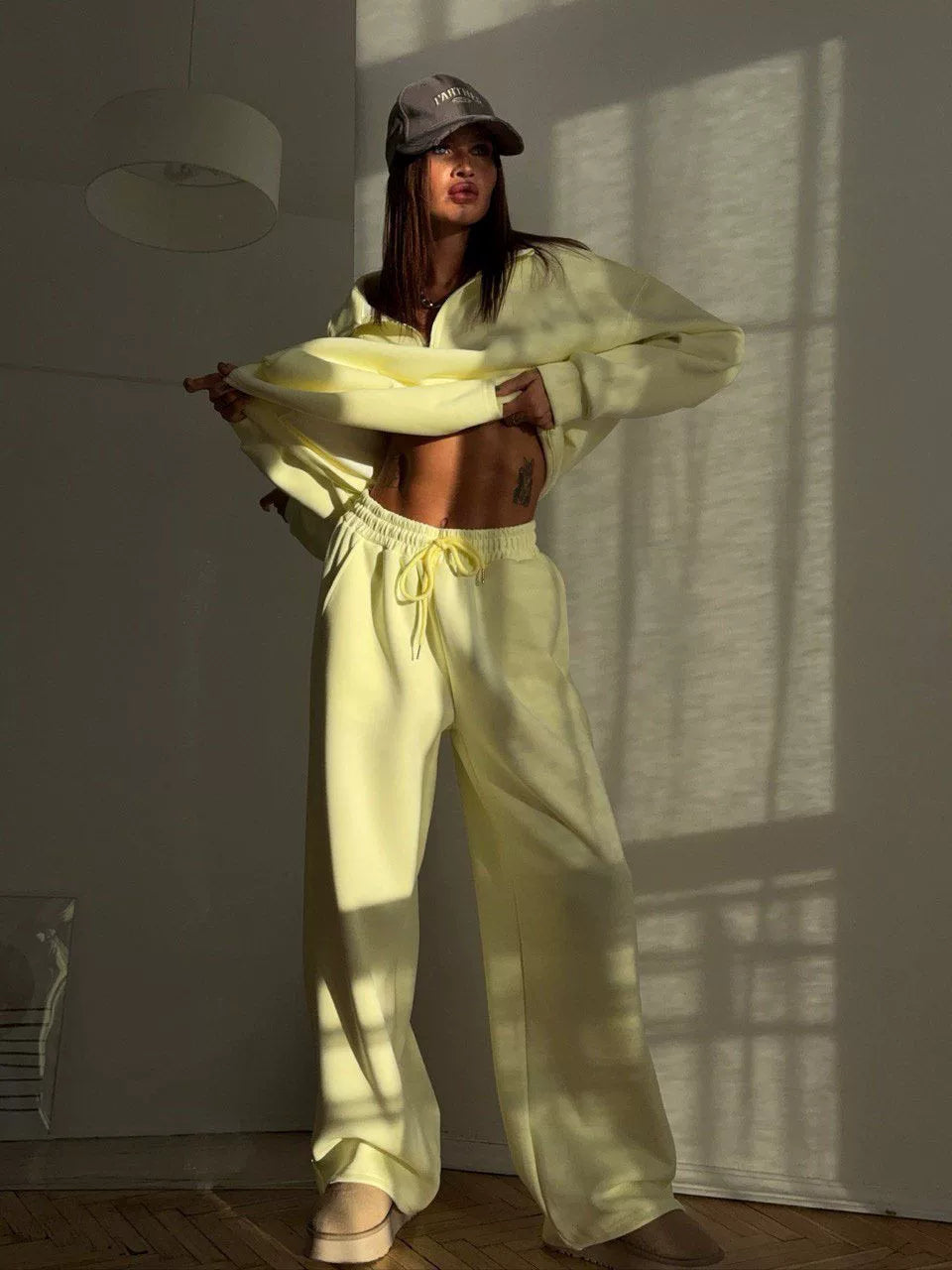 LaPose - Carissa Half-Zip Wide Leg Set - 65% Cotton, 35% Polyester Color