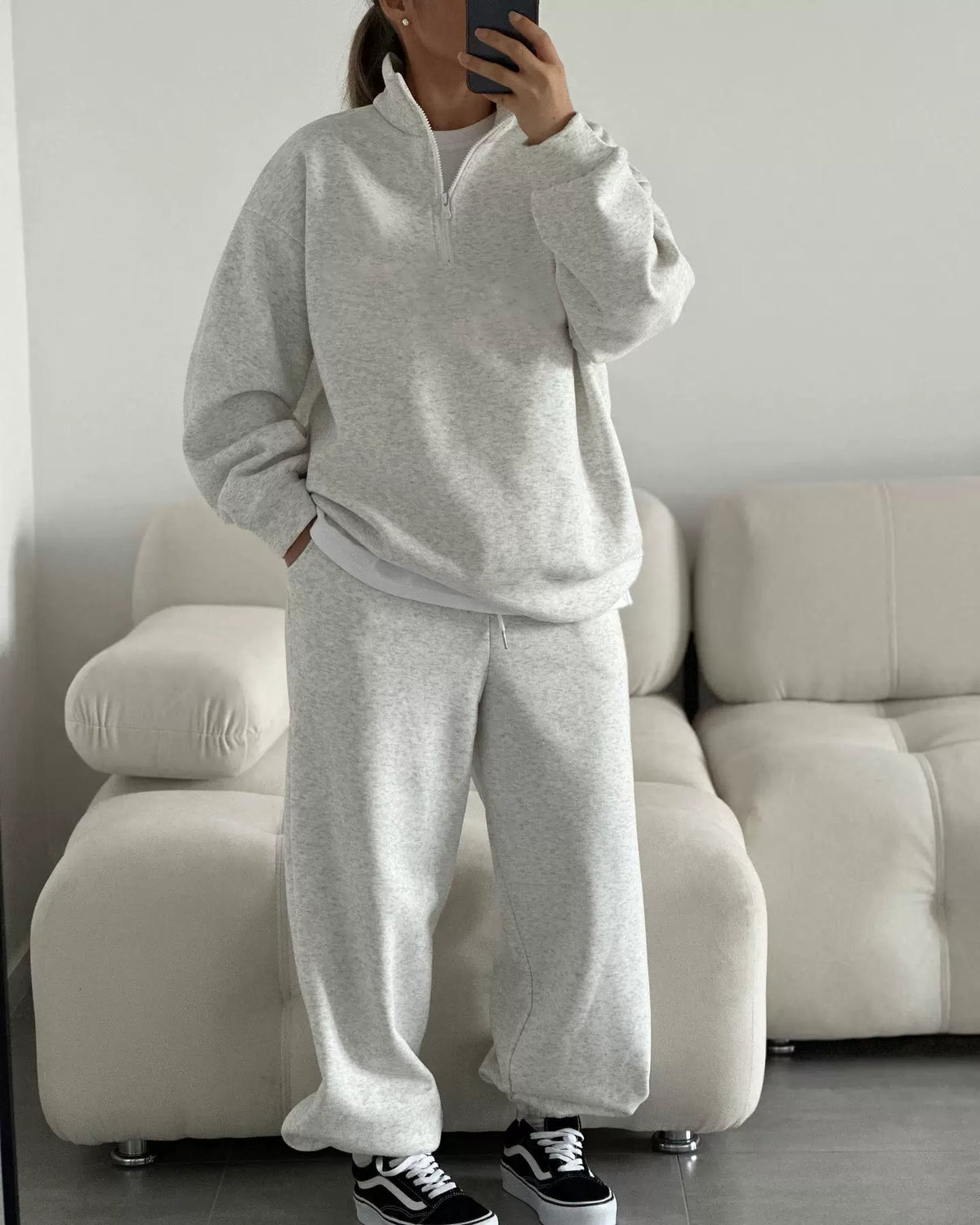 LaPose - Carissa Half-Zip Wide Leg Set - Light Grey Color