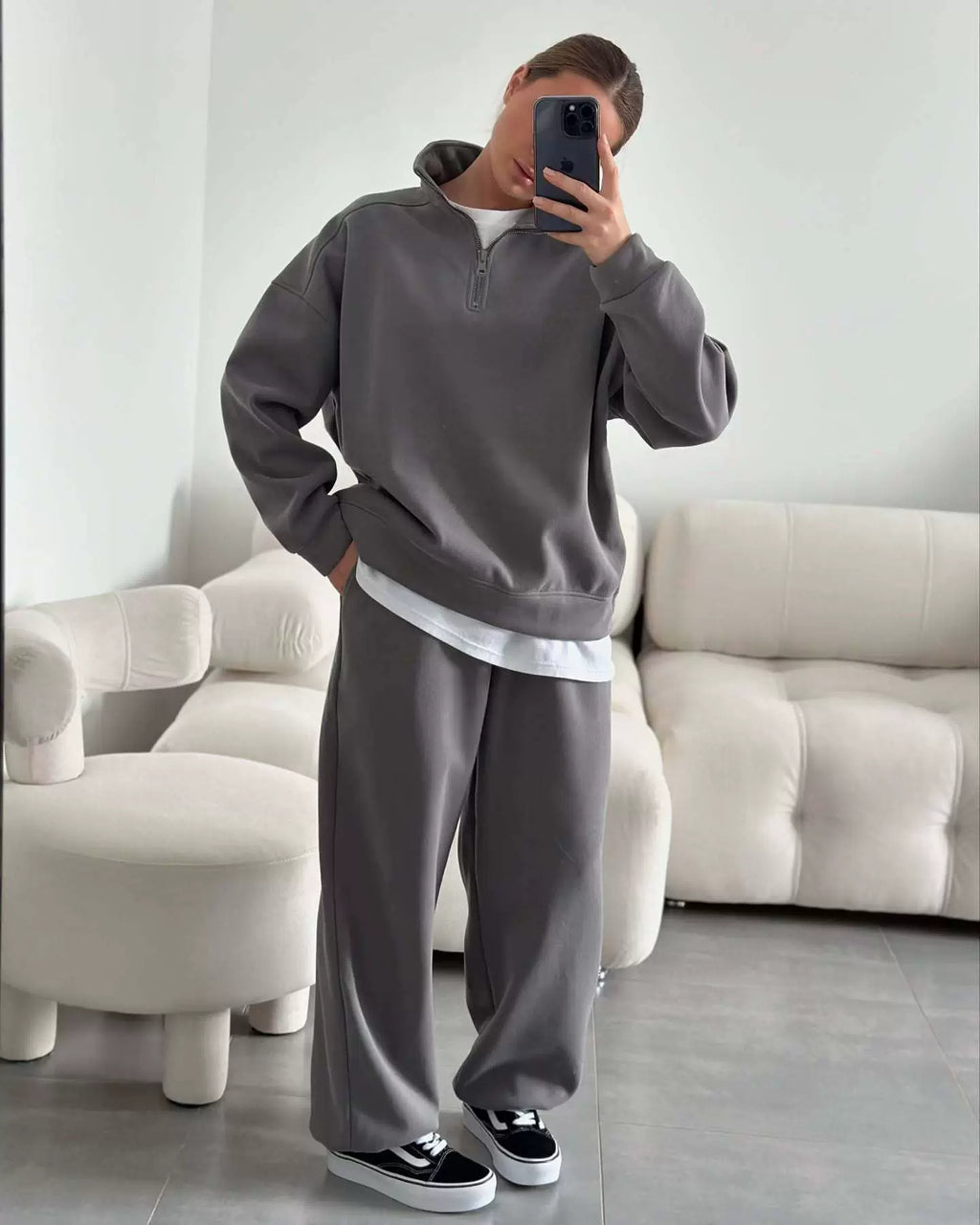 LaPose - Carissa Half-Zip Wide Leg Set - Grey Color