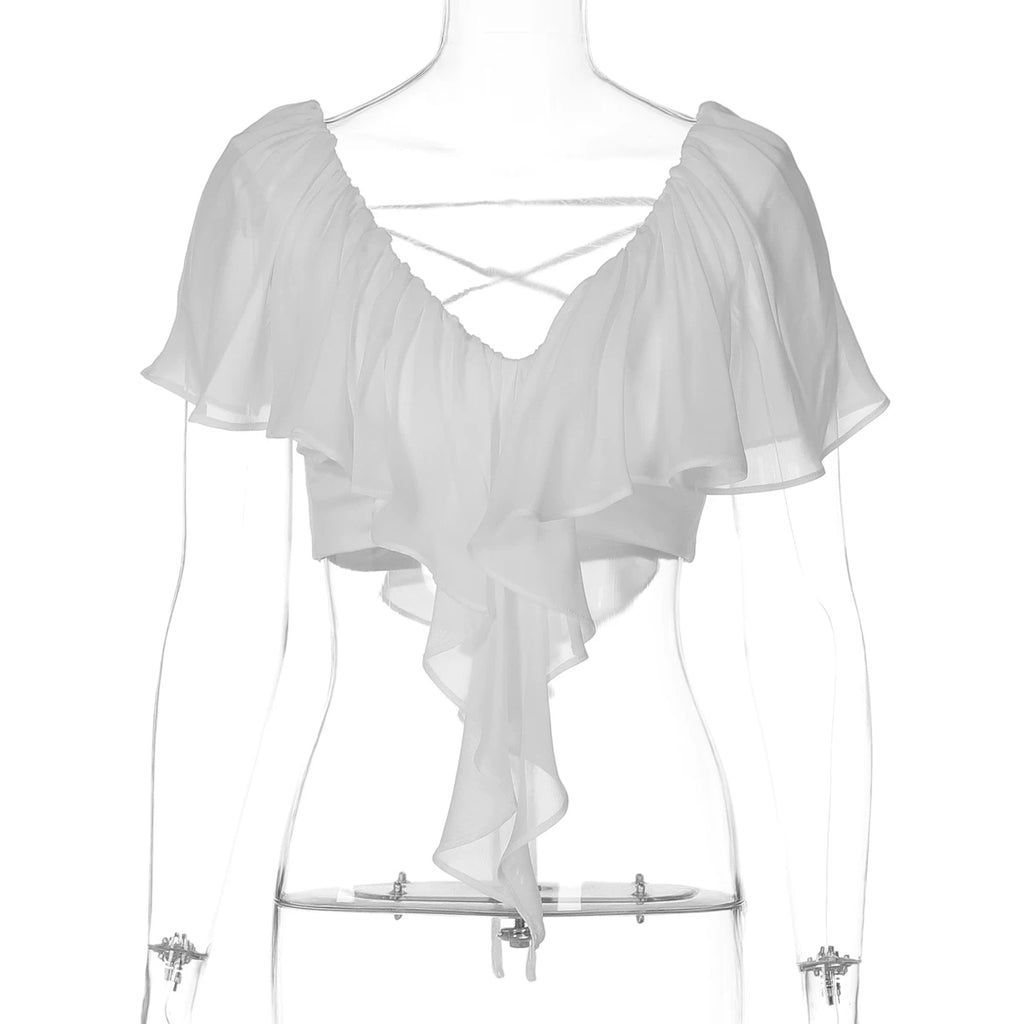 LaPose - Cate Ruffle Chiffon Crop Top - White Color