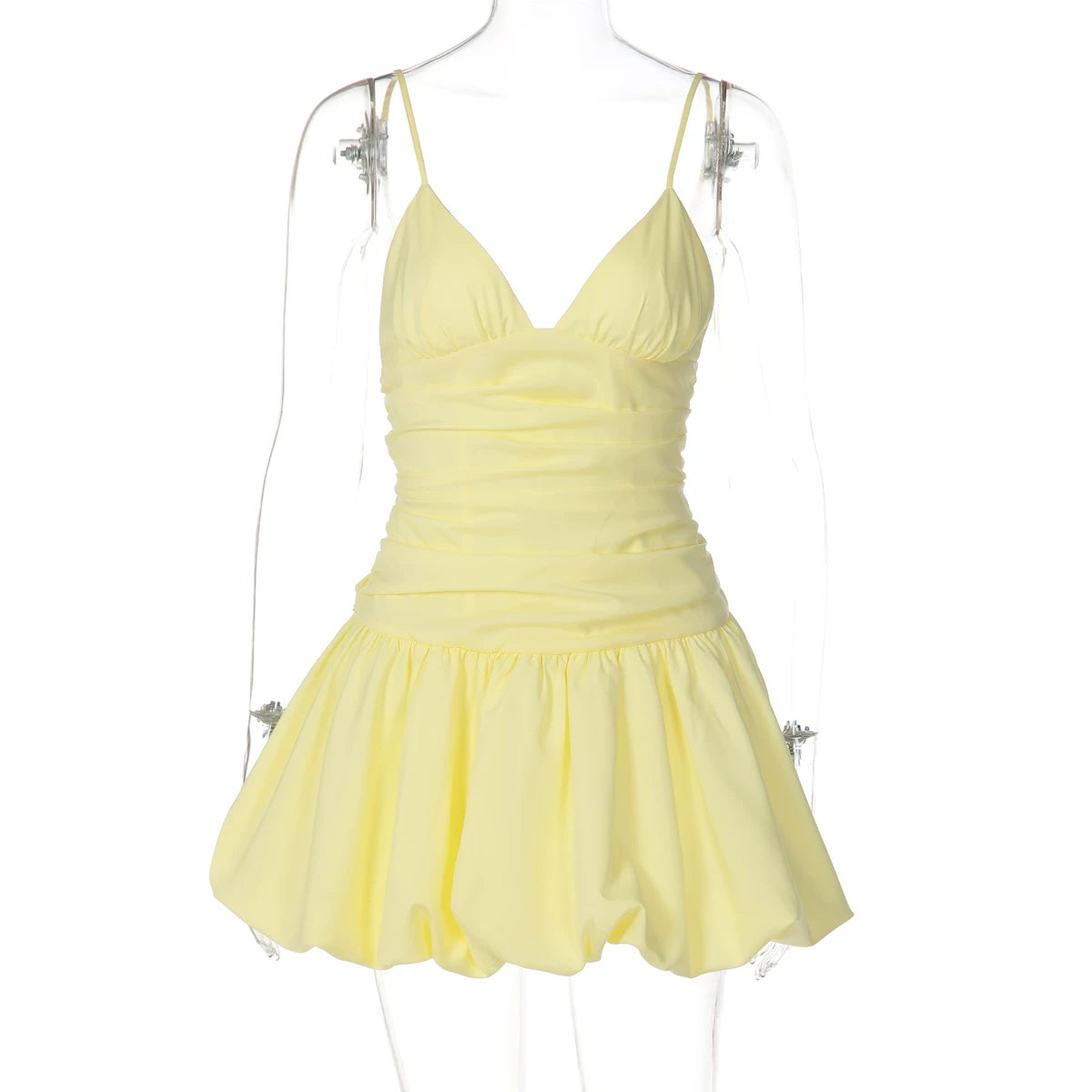 Cecile Ruched Bubble Hem Mini Dress - Yellow Color