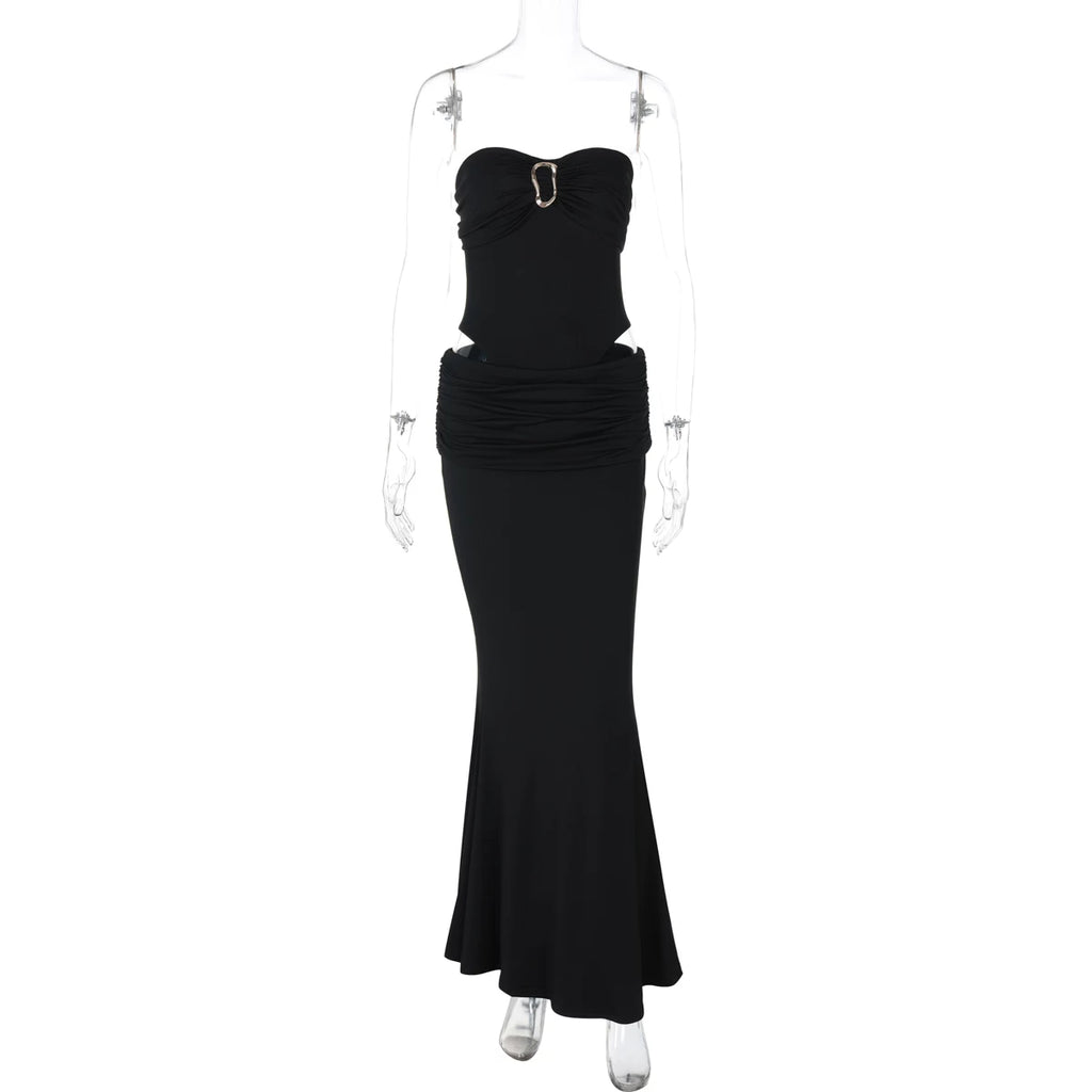 Celia Strapless Bodysuit Maxi Set - Black Color