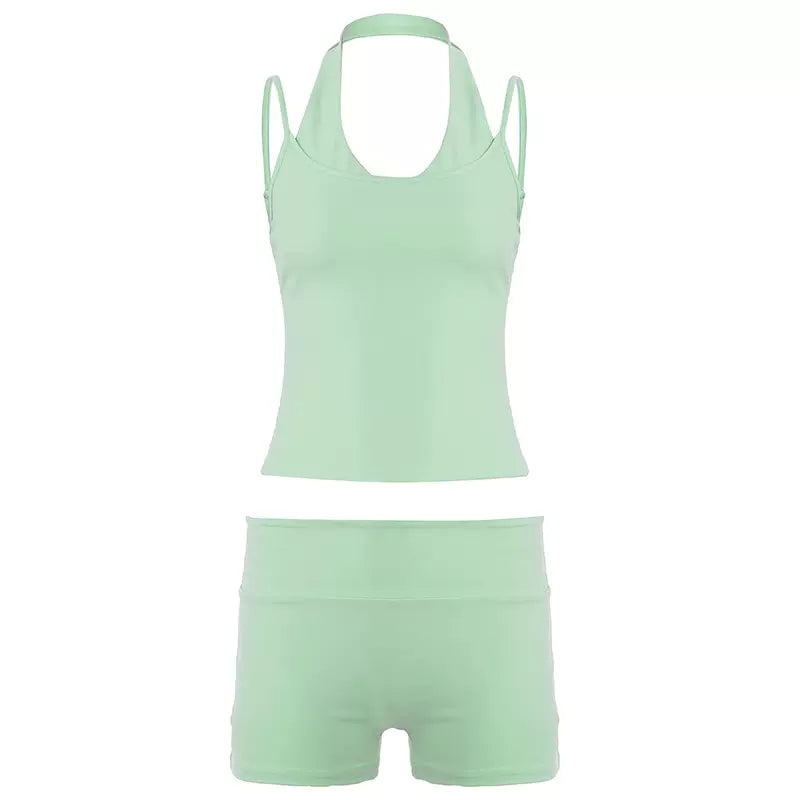 LaPose - Chantel Halter Camisole Shorts Set - Green Color