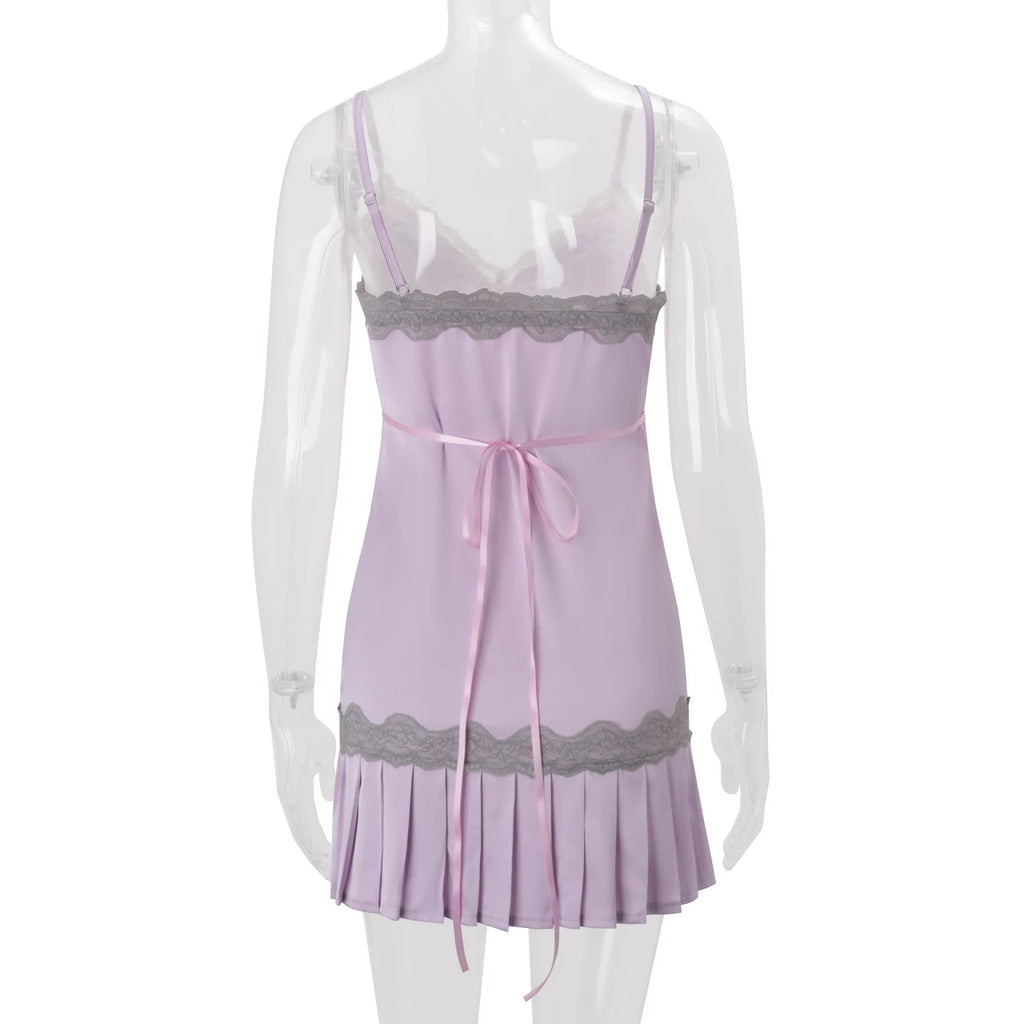 LaPose - Cheyanne Lace Trim Pleated Mini Dress