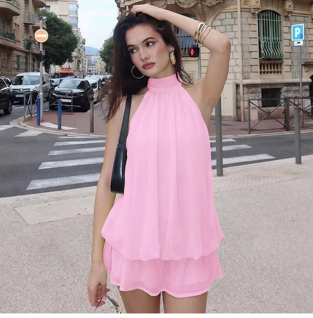 Chiffon Halter Backless Mini Dress [FJGN1I0I]