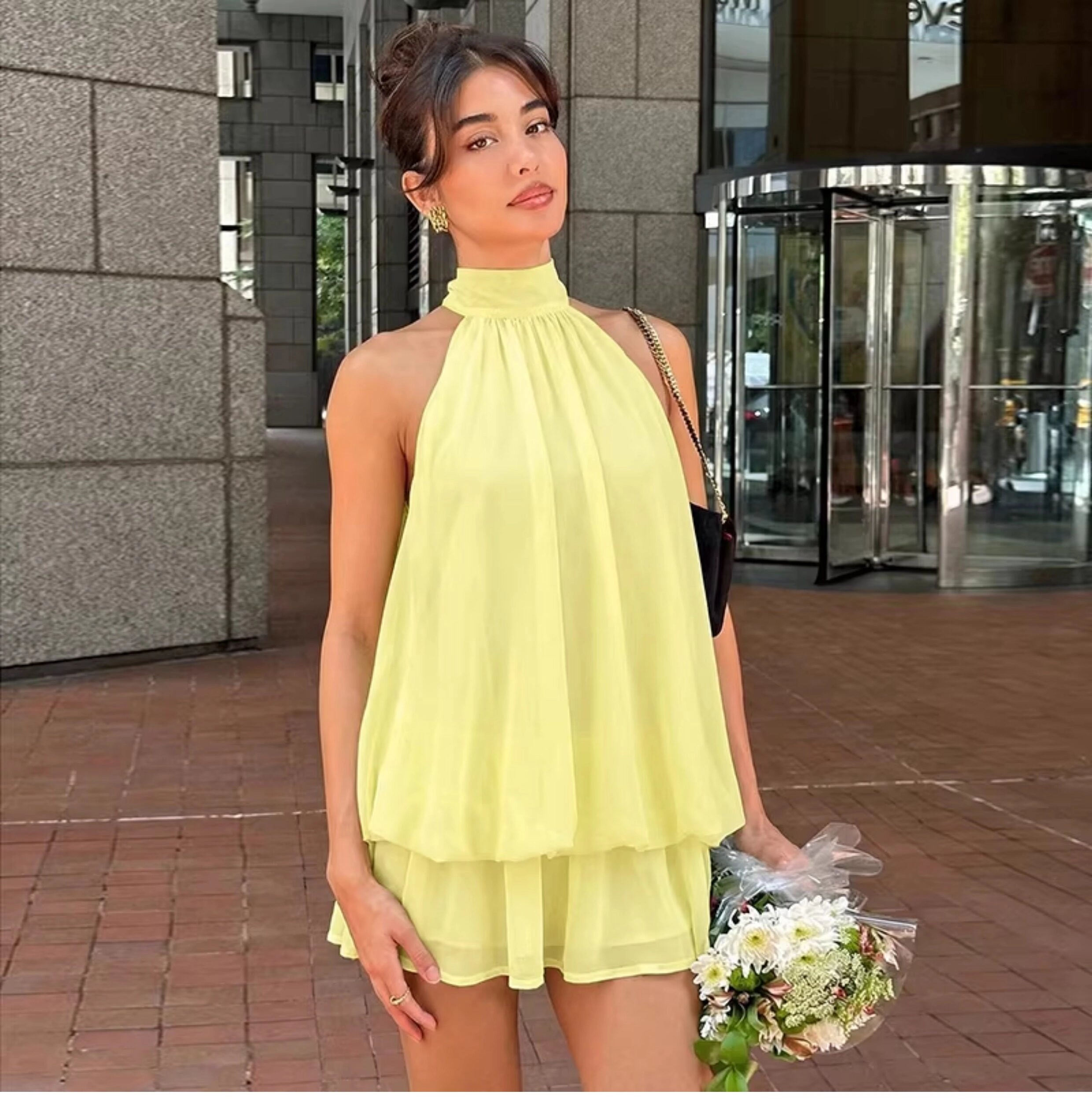 Chiffon Halter Backless Mini Dress [INLOGCCJ]