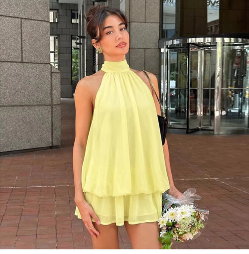 Chiffon Halter Backless Mini Dress [INLOGCCJ]