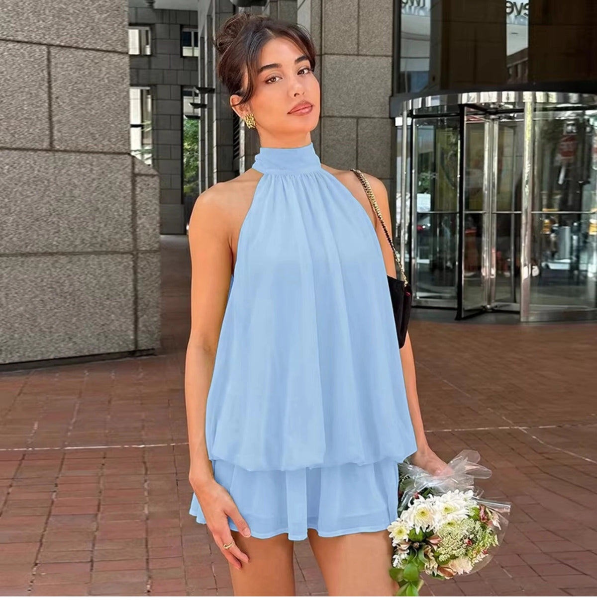 Chiffon Halter Backless Mini Dress [9X1D8MBG]