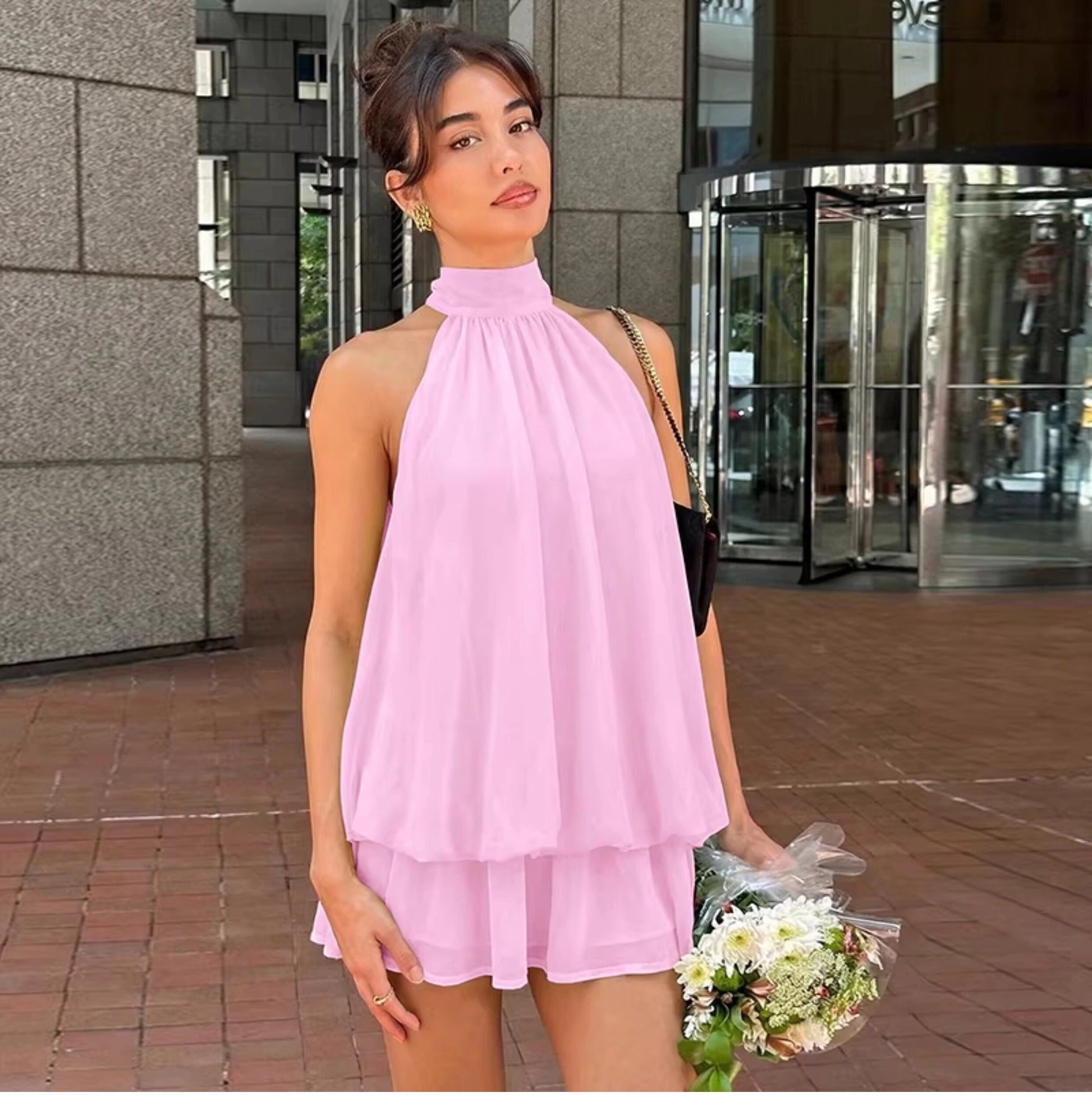 Chiffon Halter Backless Mini Dress [Y7NBOIVA]