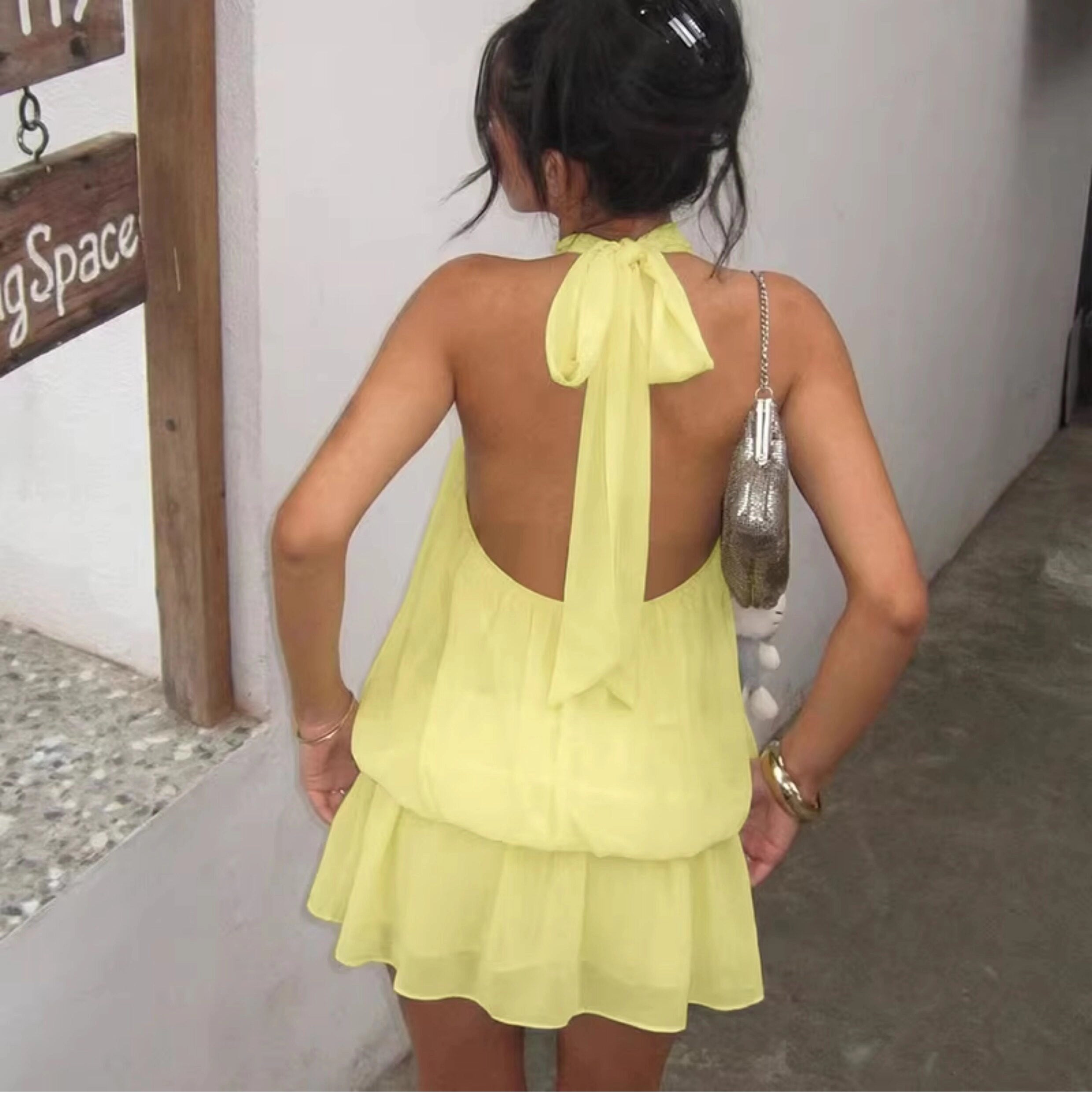 Chiffon Halter Backless Mini Dress [TAGF7VM1]