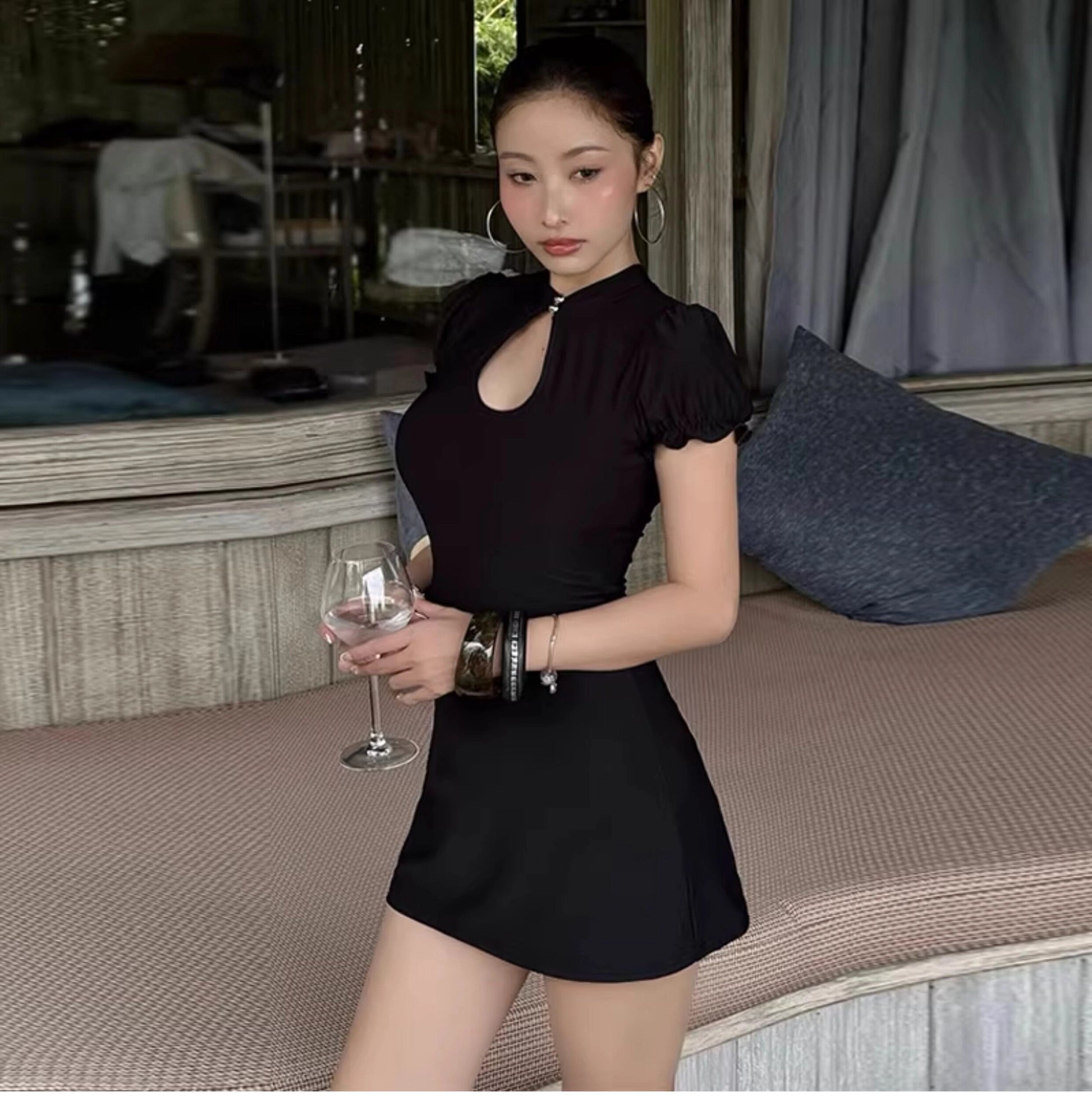 Cut-Out Mandarin Collar Mini Dress [16ZVHCBU]