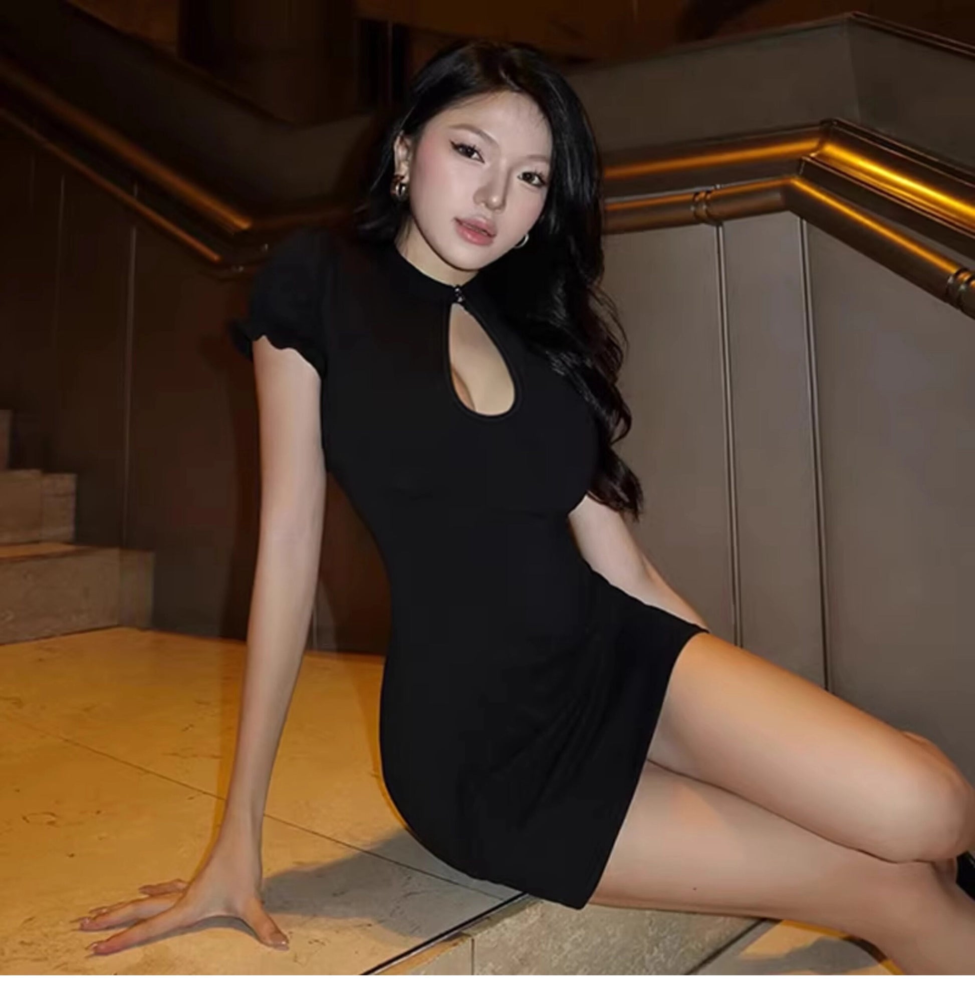 Cut-Out Mandarin Collar Mini Dress [PW85ULUD]