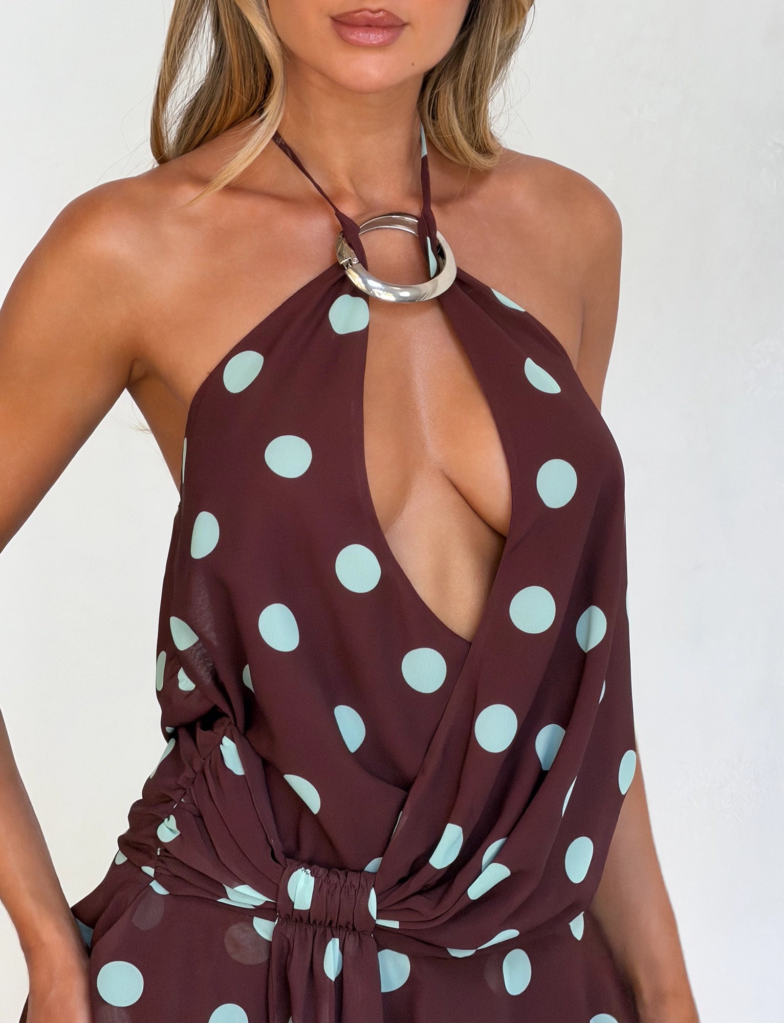 LaPose Dasha Crossover Halter Mini Dress - Brown and Blue Polka Dot