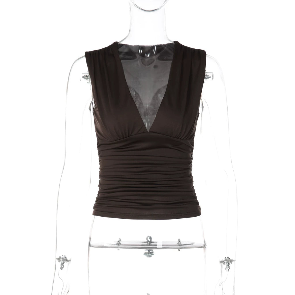 LaPose - Dawson Ruched V-Neck Tank Top - Brown Color