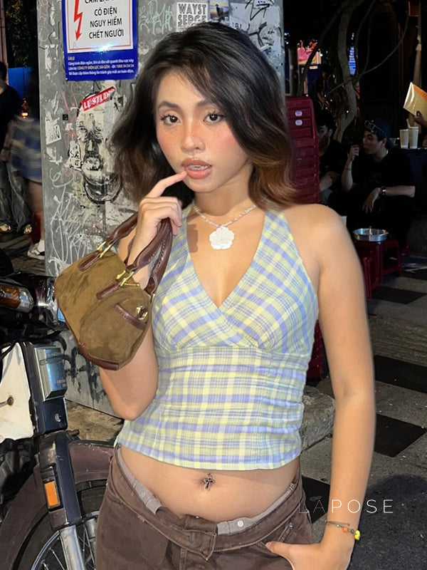 Debora Plaid Halter Crop Top [9F7P6F96]