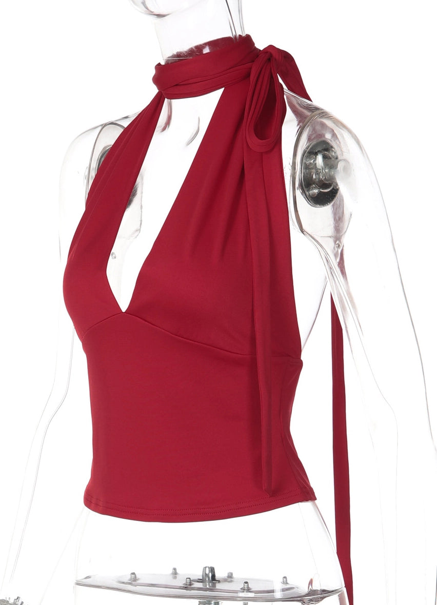 Deep V Backless Halter Top [0VMV3IU2]