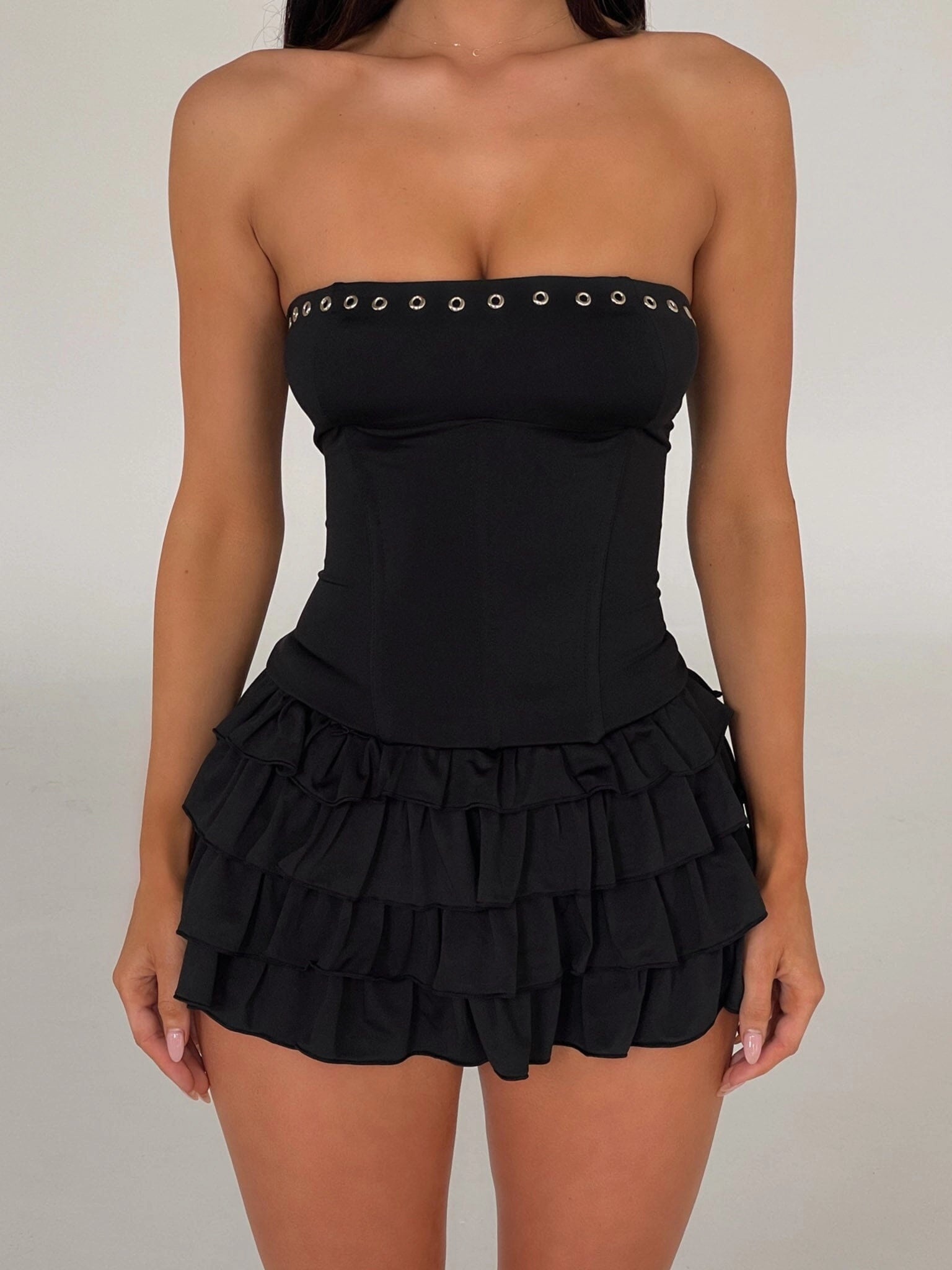 LaPose Devora Corset Ruffle Mini Dress - Black