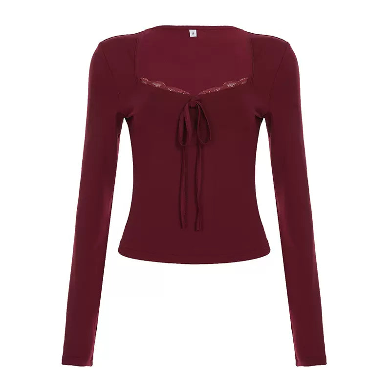 LaPose - Diem Lace Trim Square Neck Top - Burgundy Color