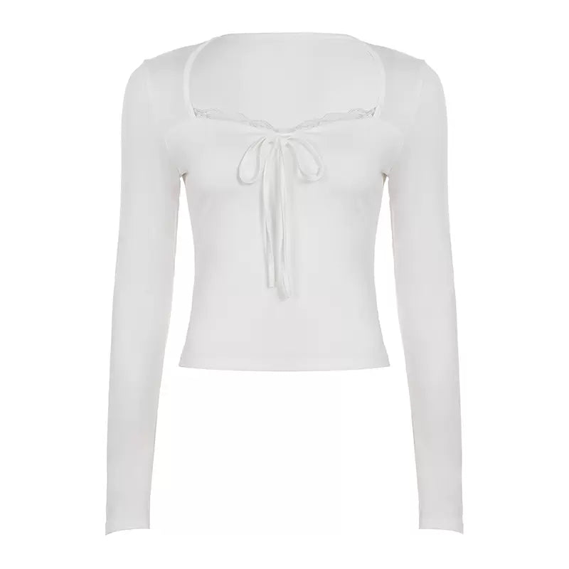 LaPose - Diem Lace Trim Square Neck Top - White Color