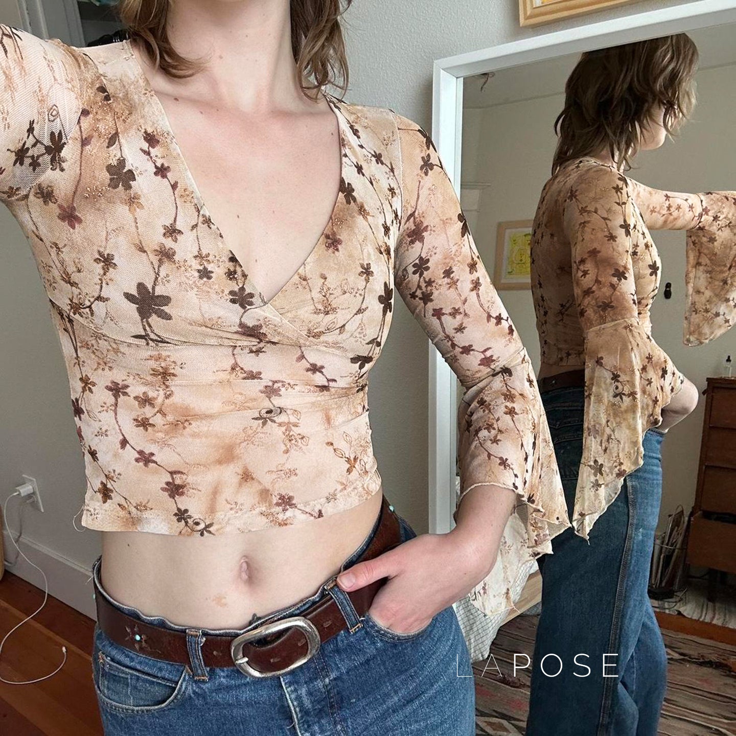 Elaina Printed Bell Sleeve Mesh Top [CL3KZGAU]
