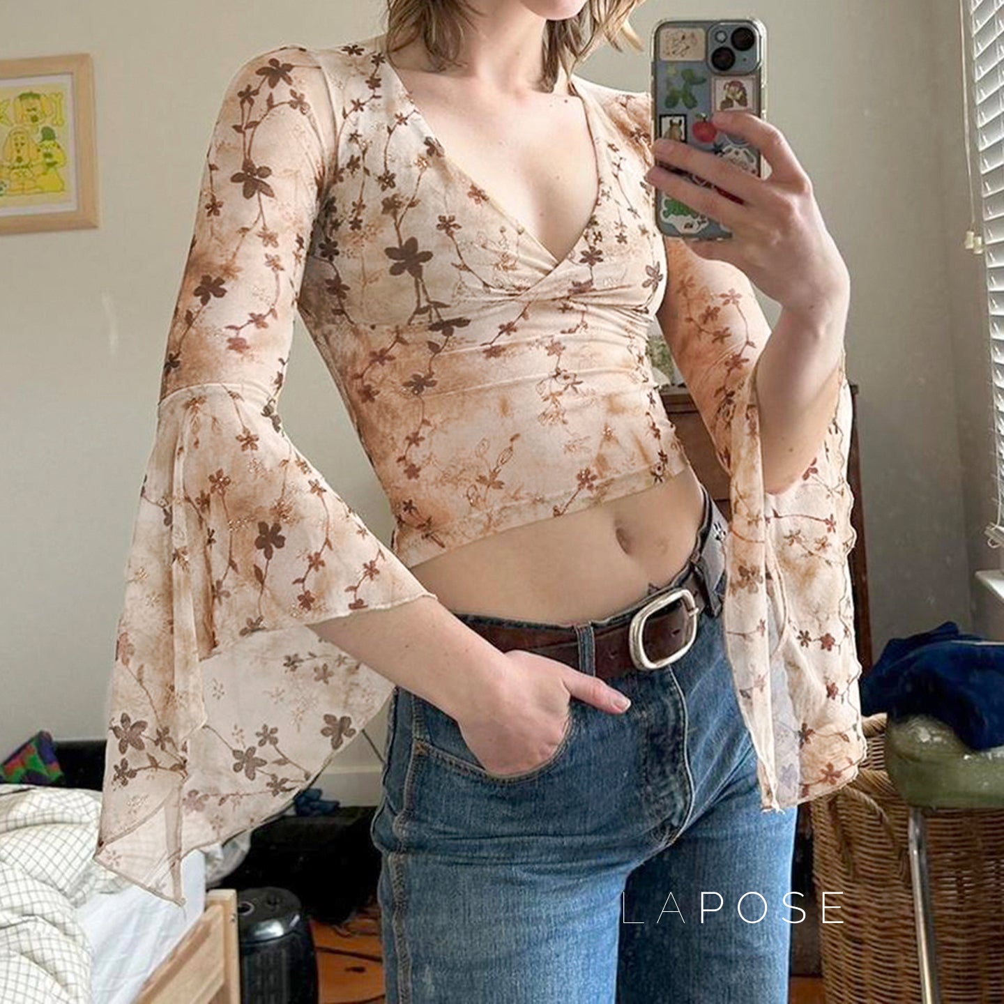 Elaina Printed Bell Sleeve Mesh Top [5HZPZ0UK]