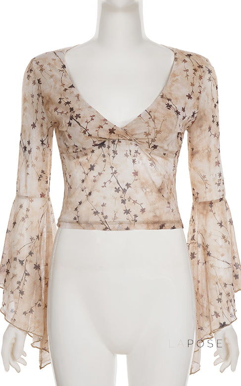 Elaina Printed Bell Sleeve Mesh Top [G501Q5BX]