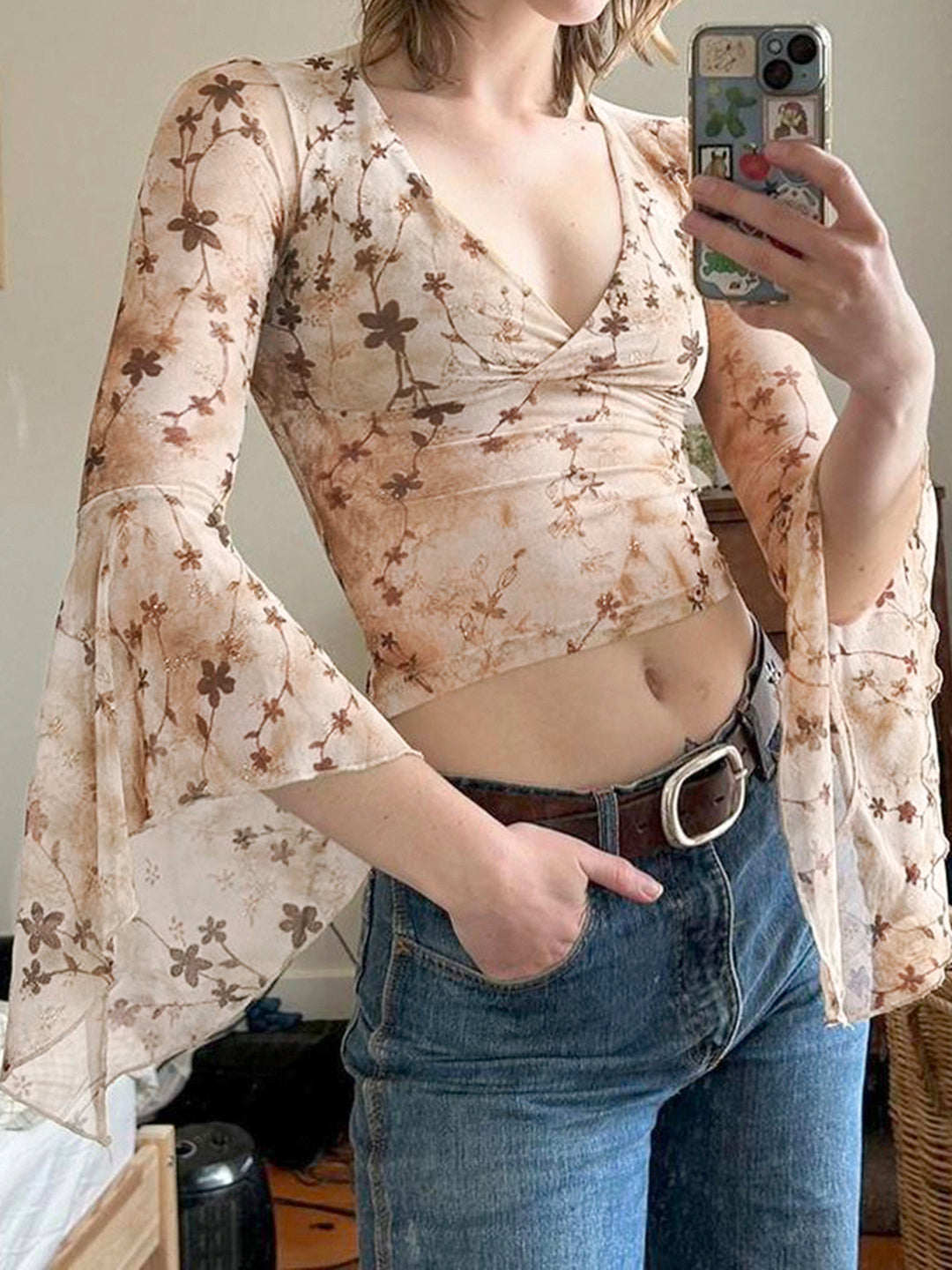 Elaina Printed Bell Sleeve Mesh Top [KM3GCHV3]