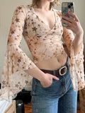 Elaina Printed Bell Sleeve Mesh Top [KM3GCHV3]
