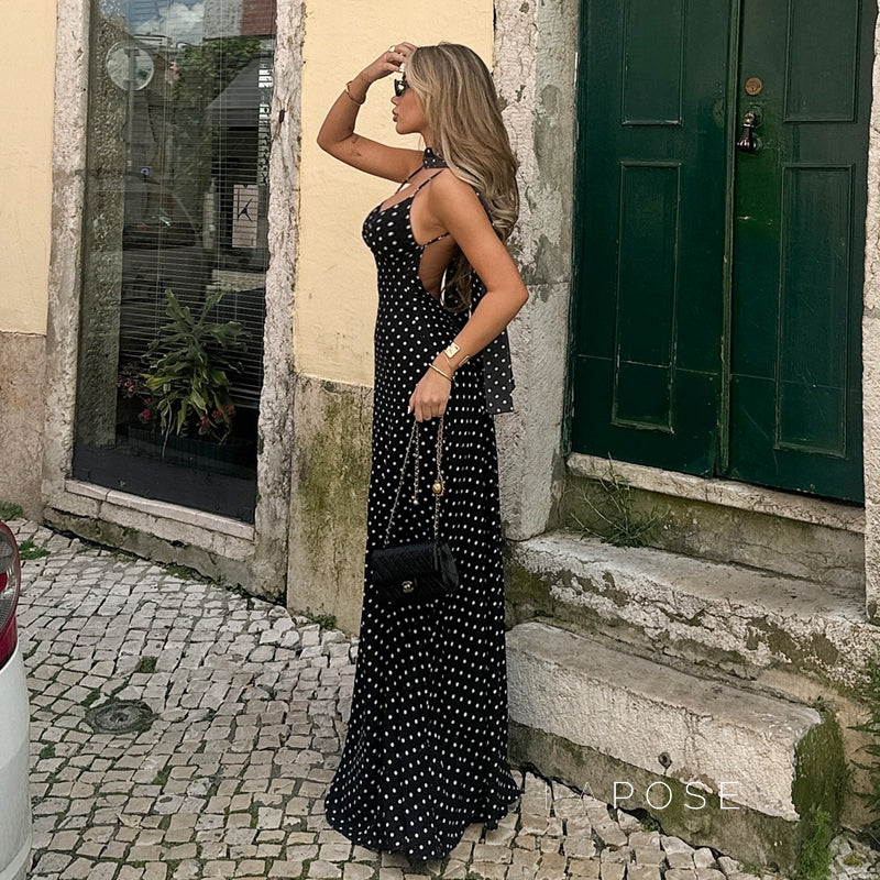 Eleanore Polka Dot Halter Maxi Dress [SVI2Y1V6]