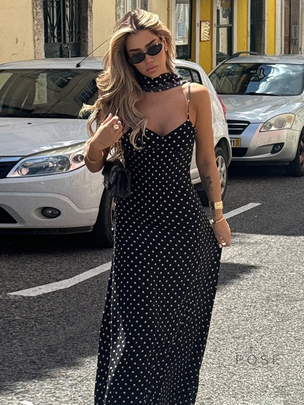 Eleanore Polka Dot Halter Maxi Dress [IPU0YQJE]