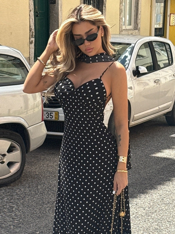 Eleanore Polka Dot Halter Maxi Dress [SRS1RQNG]