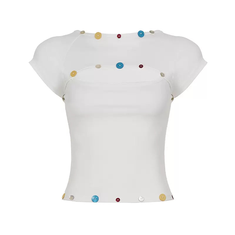 LaPose - Elianna Colorful Button Cutout Tee - White Color