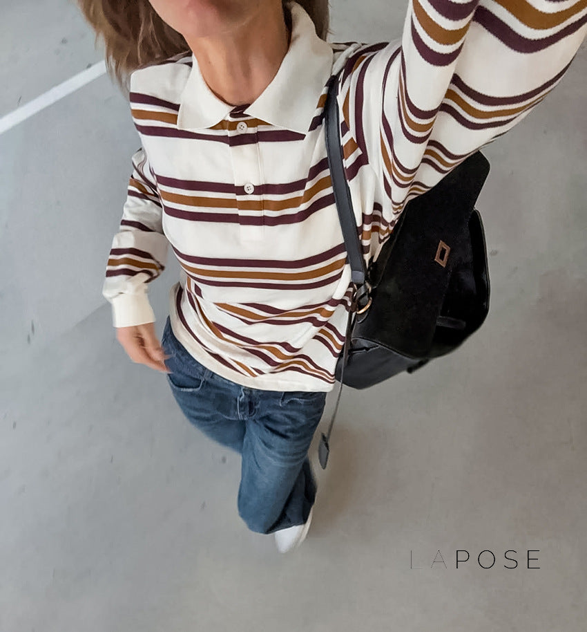 Elif Striped Knit Polo Top [34W63U76]